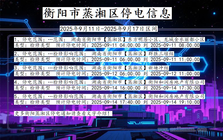 湖南省衡阳蒸湘停电通知