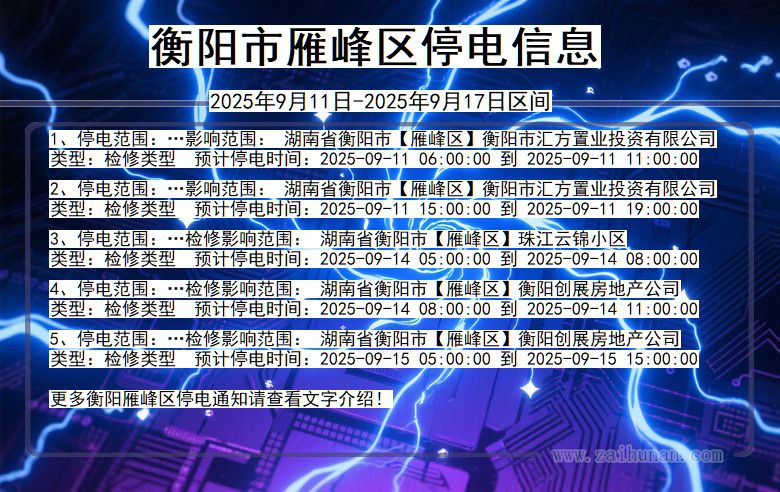 湖南省衡阳雁峰停电通知