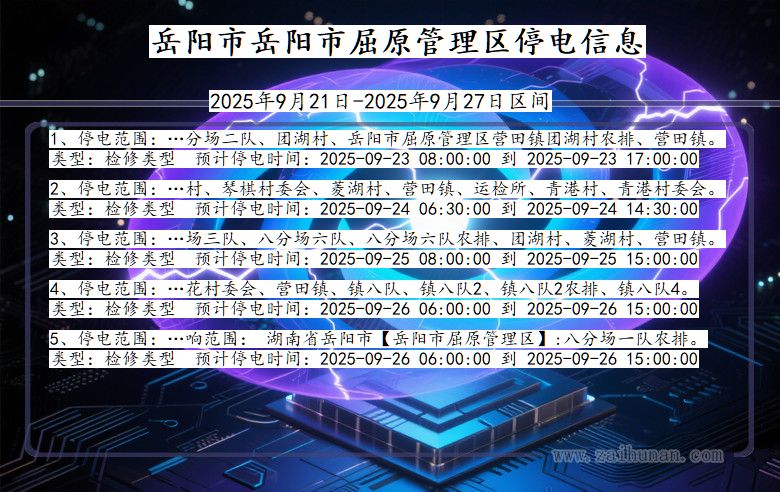 岳阳岳阳市屈原管理停电通知 湖南省岳阳岳阳市屈原管理停电通知