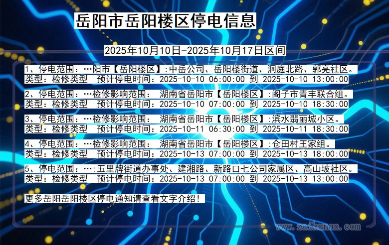 湖南省岳阳岳阳楼停电通知