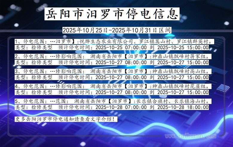 湖南省岳阳汨罗停电通知