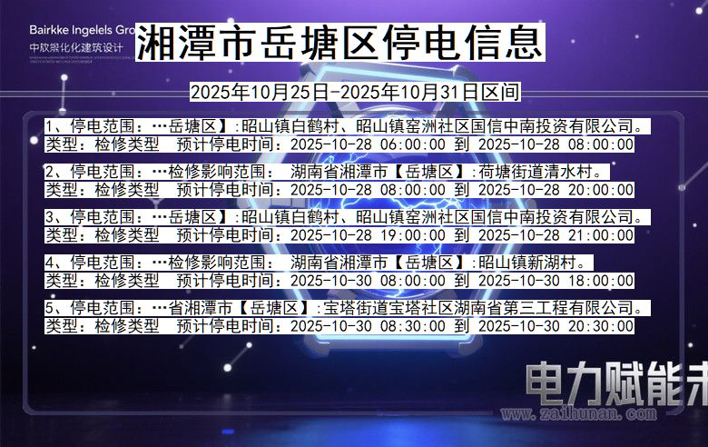 湘潭岳塘停电通知 湖南省湘潭岳塘停电通知