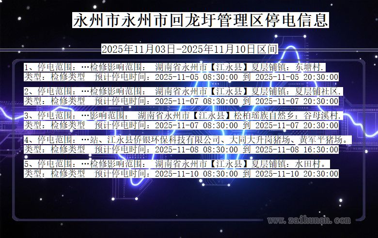 湖南省永州永州市回龙圩管理停电通知