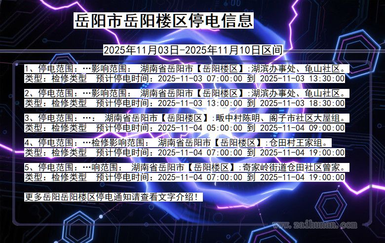 湖南省岳阳岳阳楼停电通知