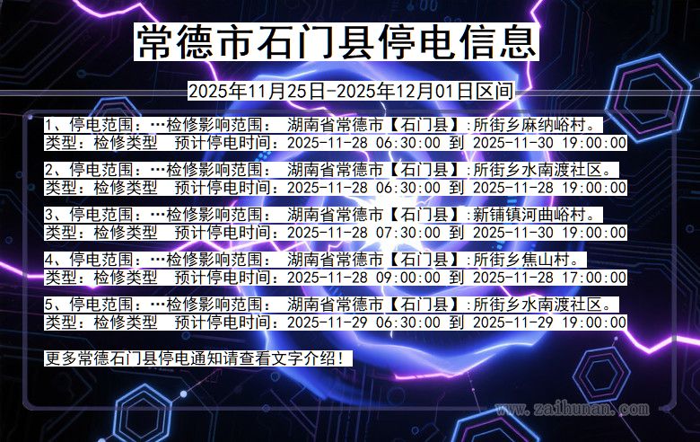 湖南省常德石门停电通知