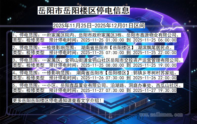 湖南省岳阳岳阳楼停电通知