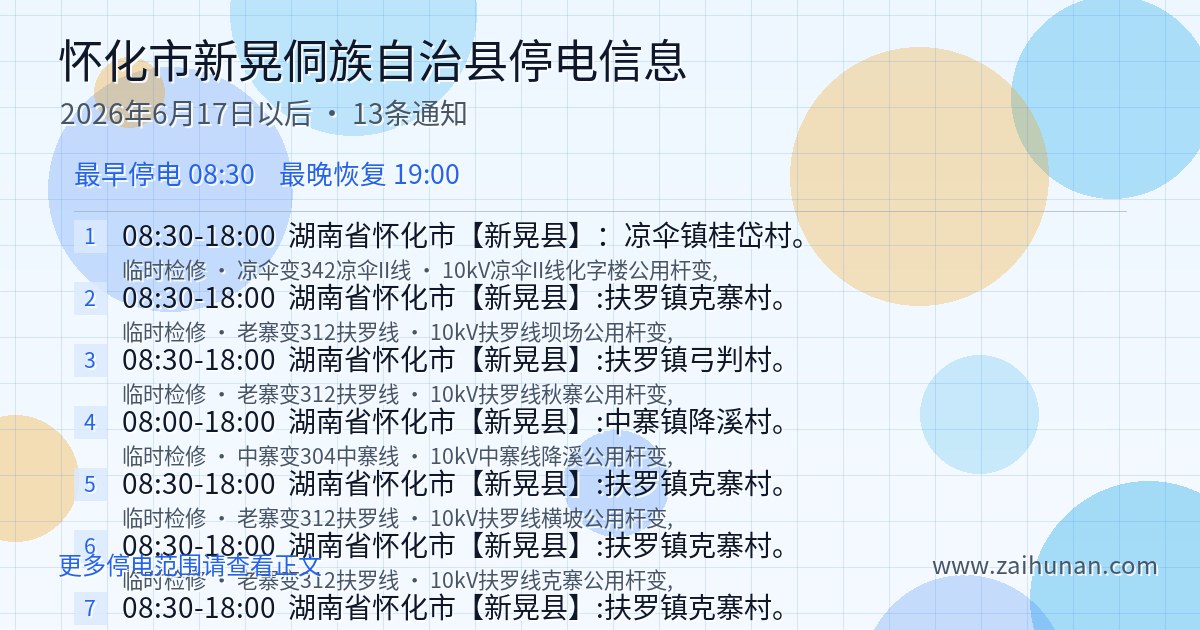 2026年6月17日后怀化市新晃侗族自治县停电通知