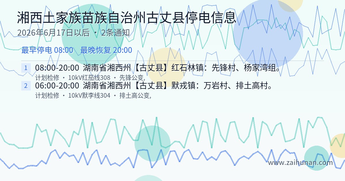 2026年6月17日起湘西土家族苗族自治州古丈县停电信息汇总