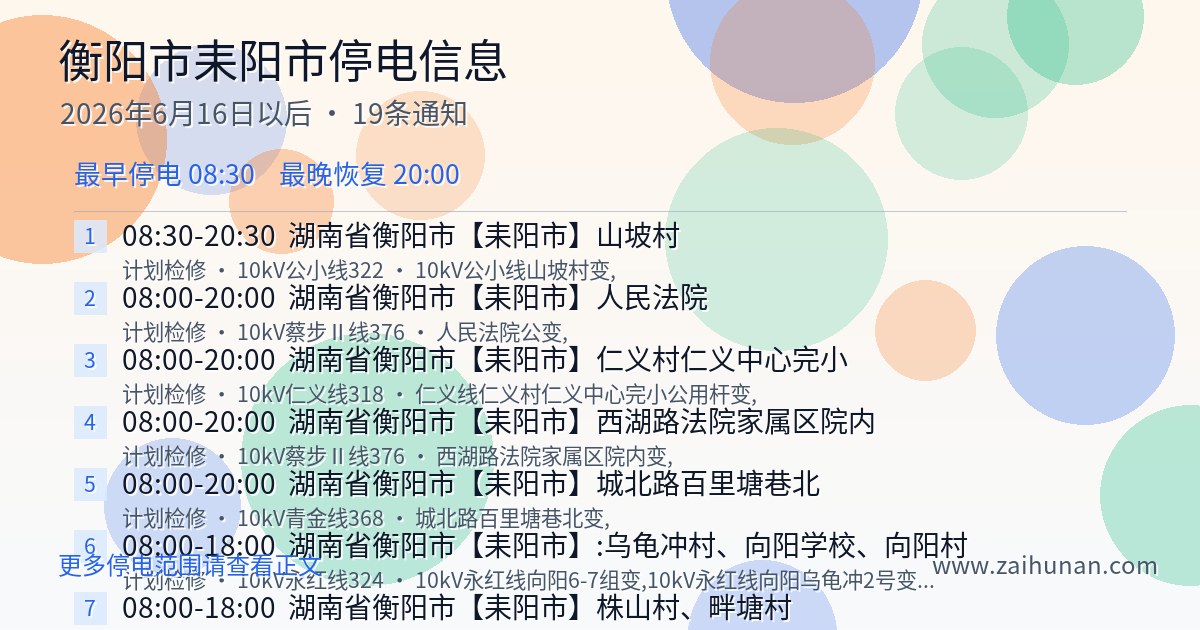 耒阳市2026年6月16日以后停电通知