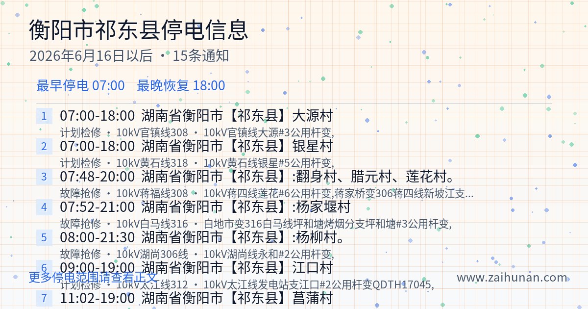 2026年6月16日后衡阳市祁东县停电通知