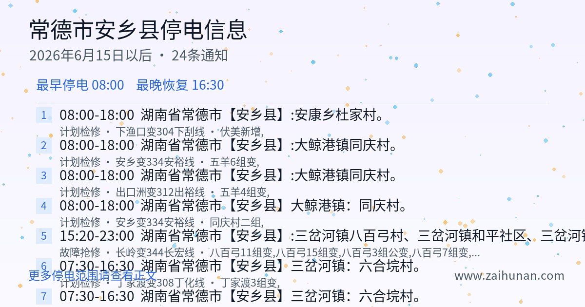安乡县2026年6月15日以后停电通知