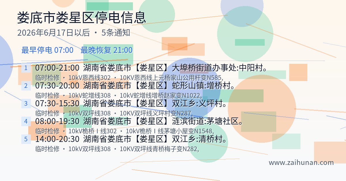 娄底市娄星区2026年6月17日以后停电通知