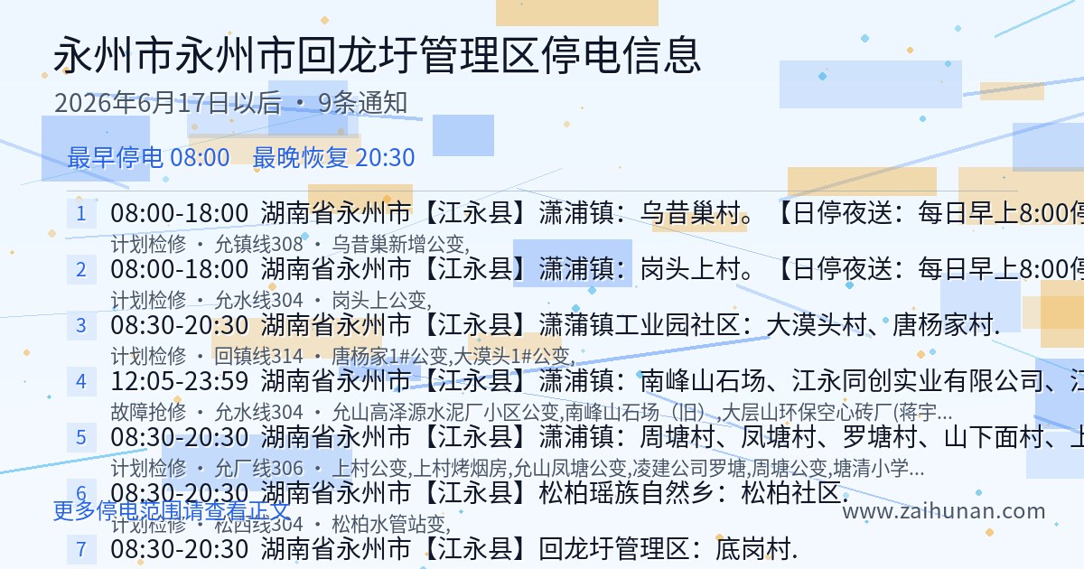 2026年6月17日起永州市永州市回龙圩管理区停电信息汇总
