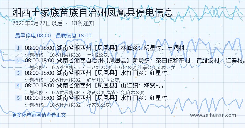 湘西土家族苗族自治州凤凰县停电通知