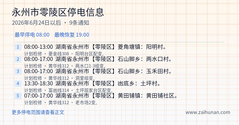 永州市零陵区停电通知