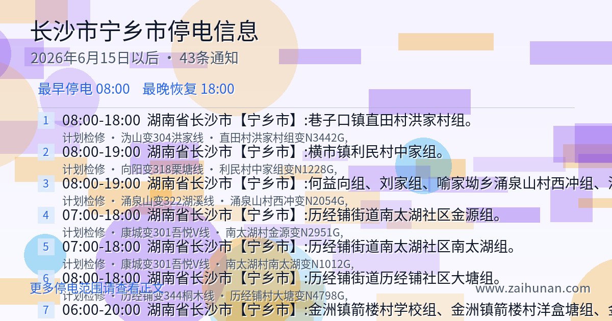 宁乡市2026年6月15日至今停电信息