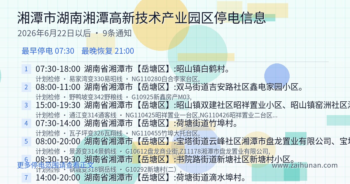 湖南湘潭高新技术产业园区2026年6月22日至今停电信息