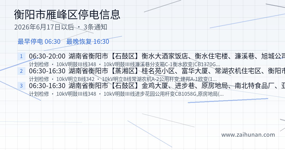 2026年6月17日起衡阳市雁峰区停电信息汇总