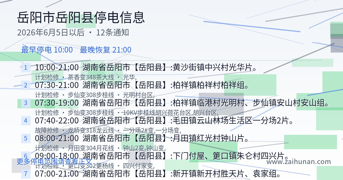 2026年6月5日以后岳阳市岳阳县停电通知查询