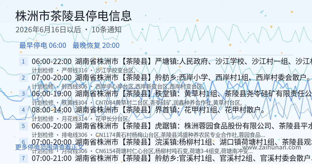 2026年6月16日起株洲市茶陵县停电信息汇总
