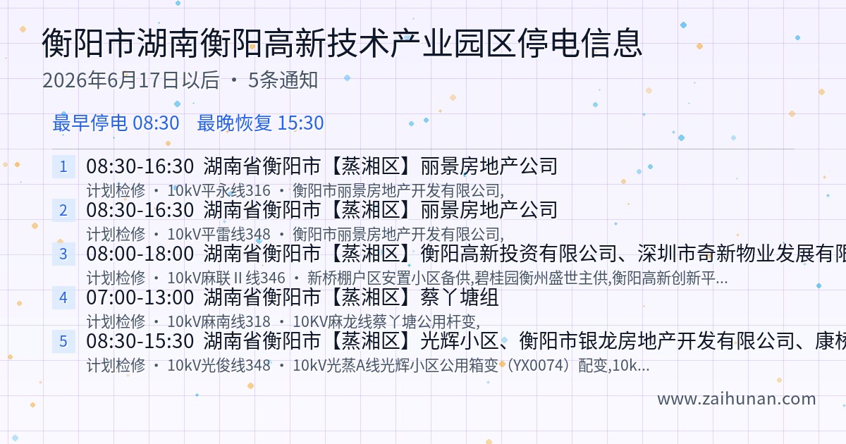 湖南衡阳高新技术产业园区2026年6月17日以后停电通知