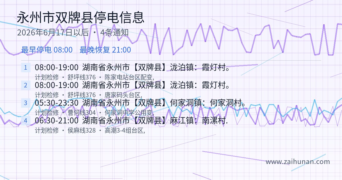 永州市双牌县2026年6月17日以后停电通知