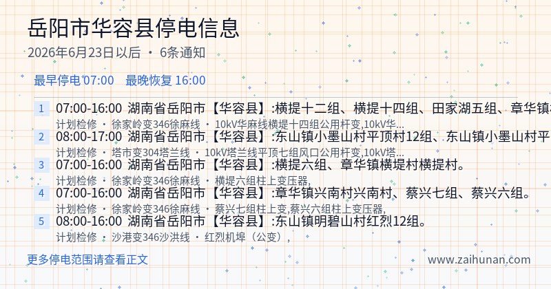 岳阳市华容县停电通知
