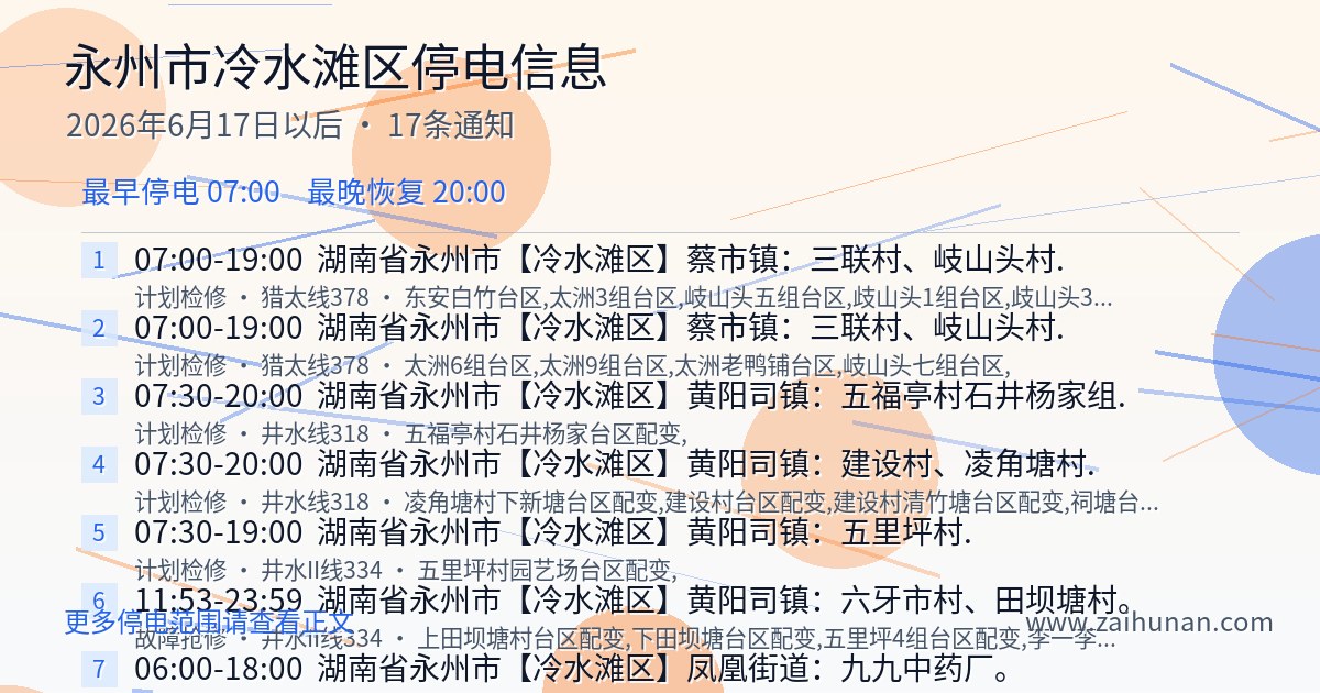 永州市冷水滩区2026年6月17日至今停电通知