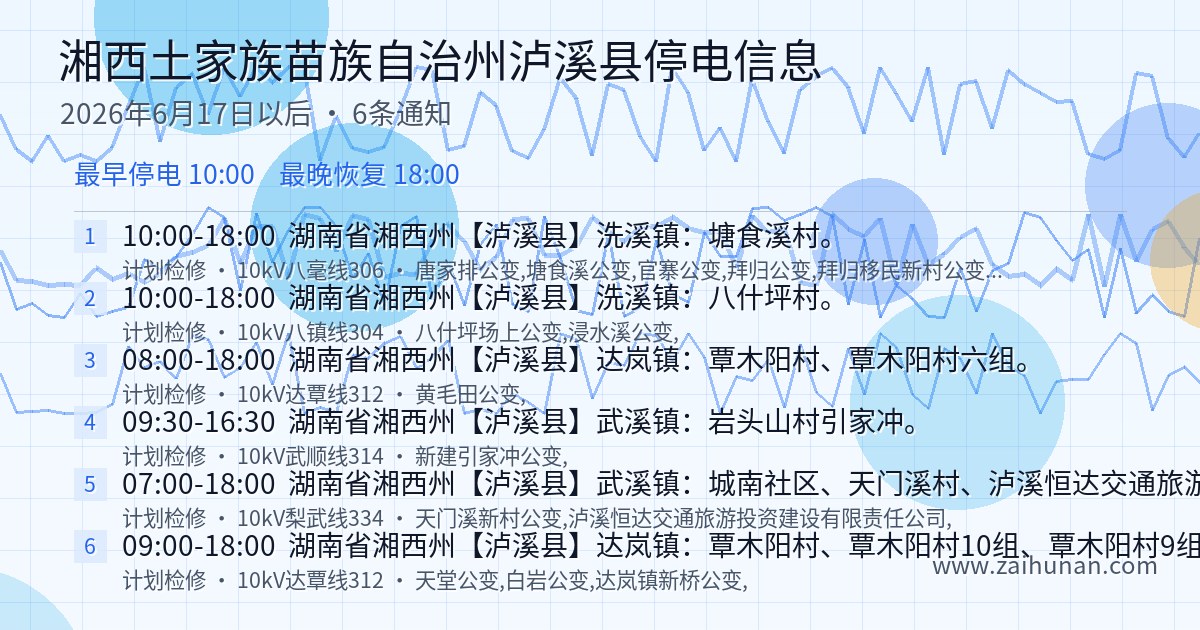 湘西土家族苗族自治州泸溪县2026年6月17日后停电通知查询