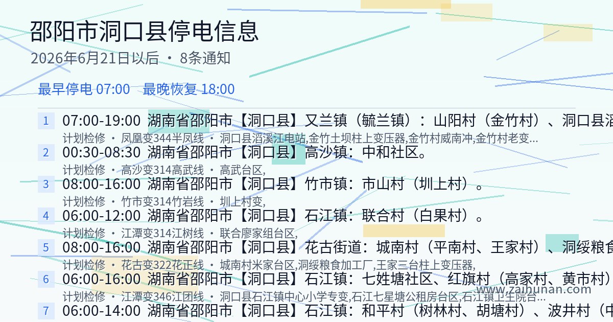 洞口县2026年6月21日至今停电信息