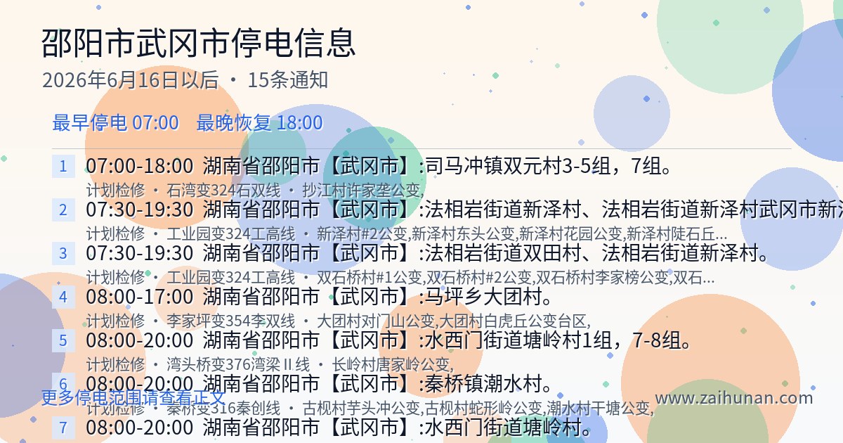 2026年6月11日以后邵阳市武冈市停电通知查询