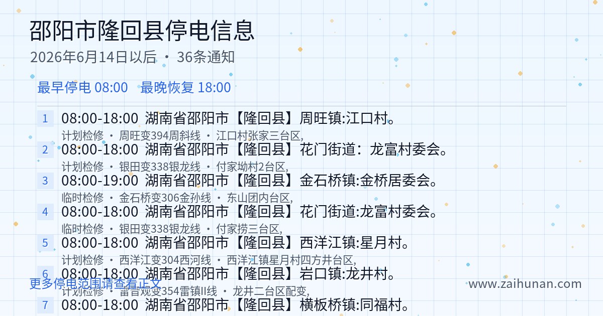 邵阳市隆回县2026年6月14日以后停电信息