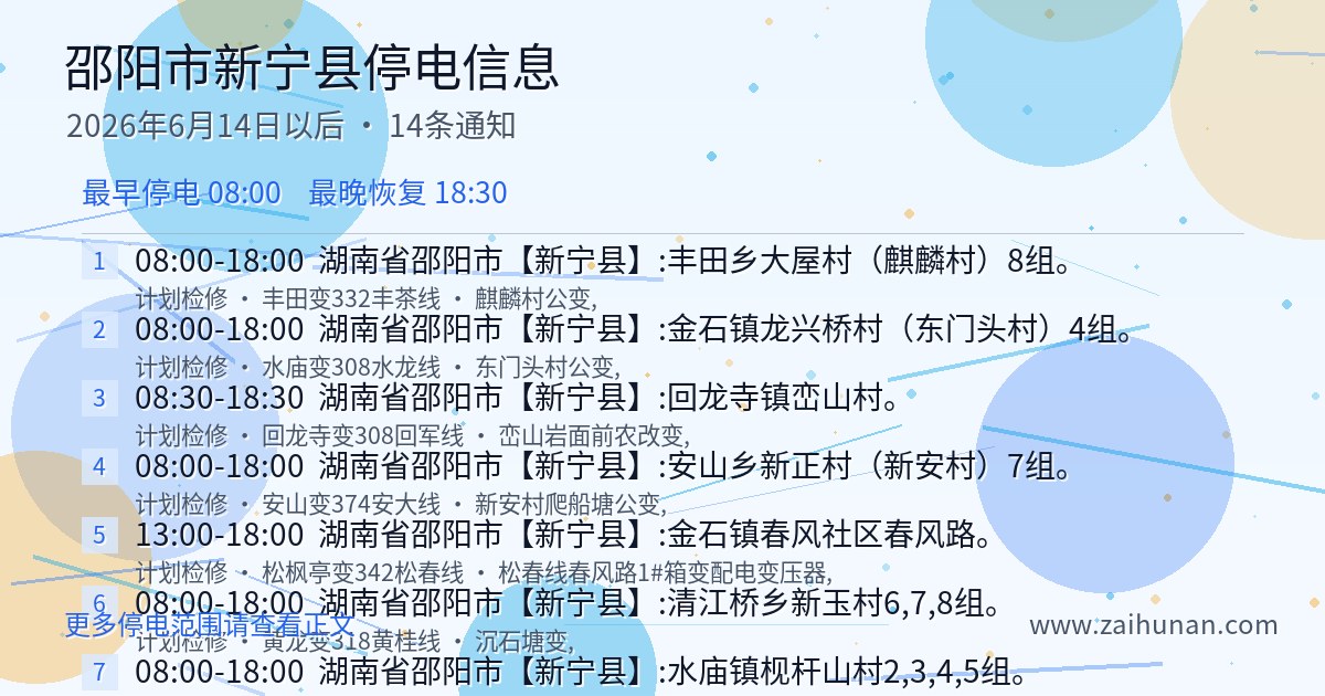2026年6月14日起新宁县停电通知公告