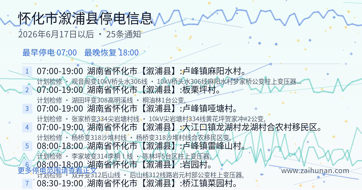 怀化市溆浦县2026年6月17日后停电通知查询