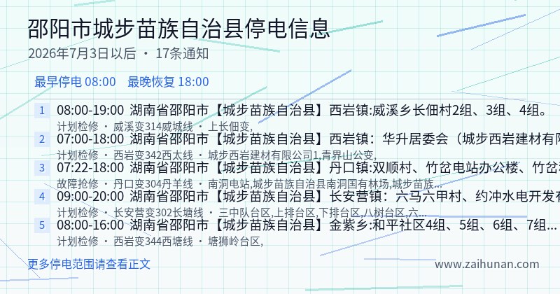 邵阳市城步苗族自治县停电通知