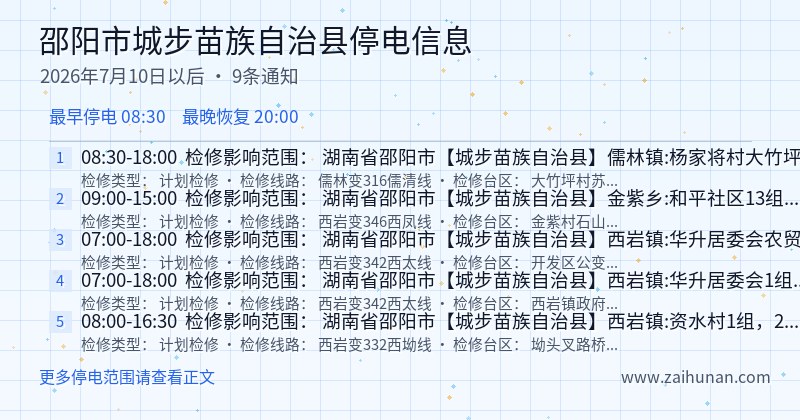 邵阳市城步苗族自治县停电通知