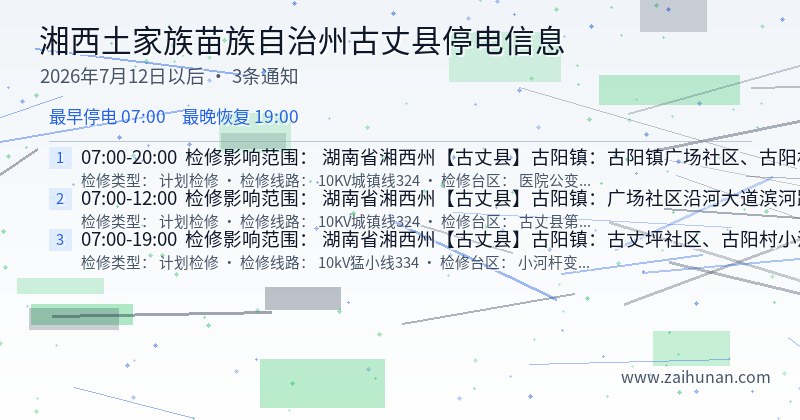 湘西土家族苗族自治州古丈县停电通知