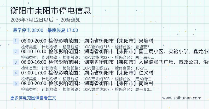 衡阳市耒阳市停电通知