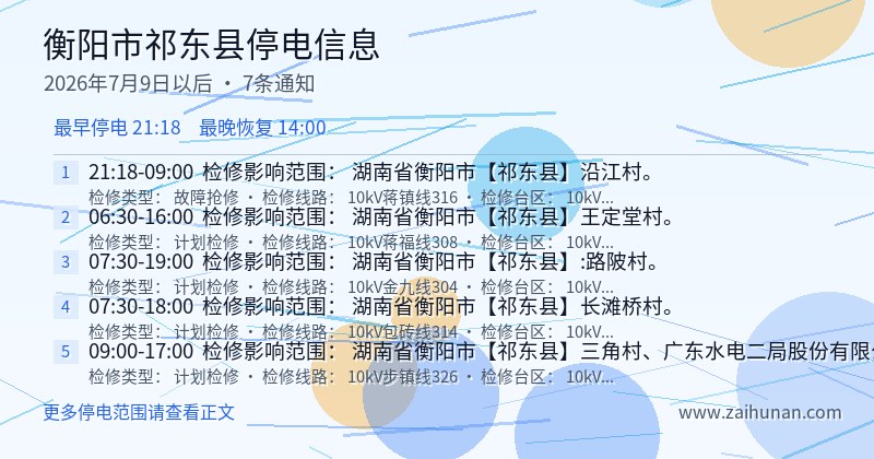 衡阳市祁东县停电通知