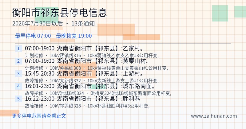 衡阳市祁东县停电通知