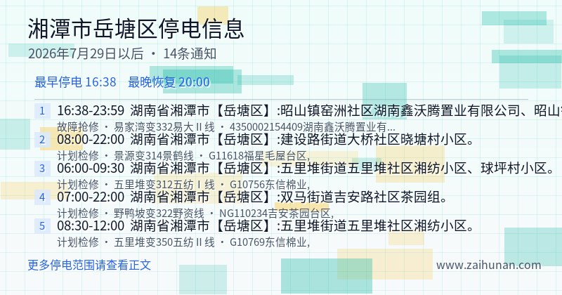 湘潭市岳塘区停电通知
