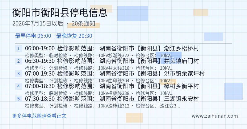 衡阳市衡阳县停电通知