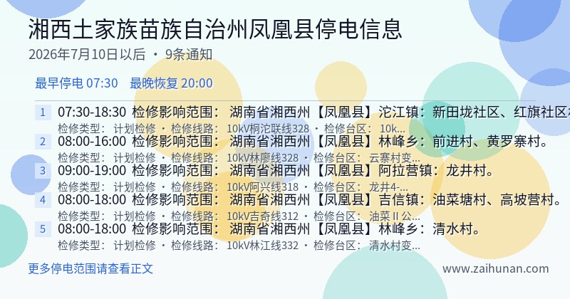 湘西土家族苗族自治州凤凰县停电通知