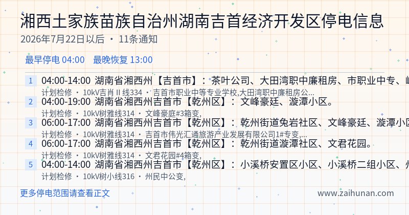 湘西土家族苗族自治州湖南吉首经济开发区停电通知