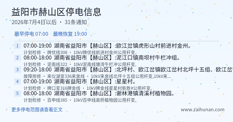 益阳市赫山区停电通知