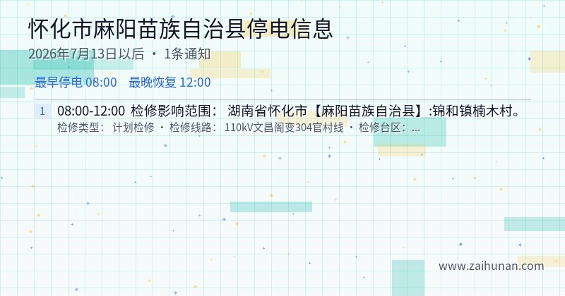 怀化市麻阳苗族自治县停电通知