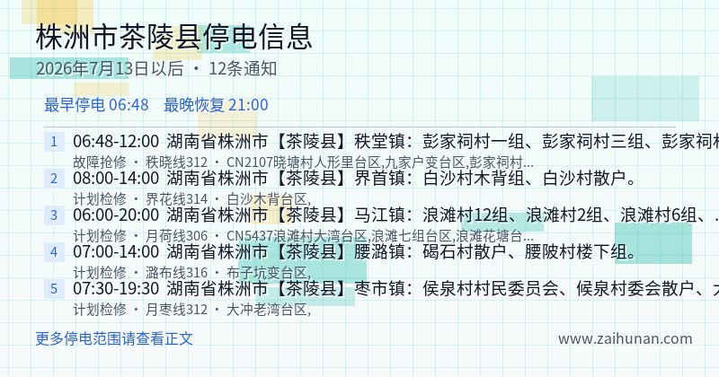 株洲市茶陵县停电通知
