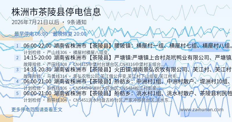 株洲市茶陵县停电通知