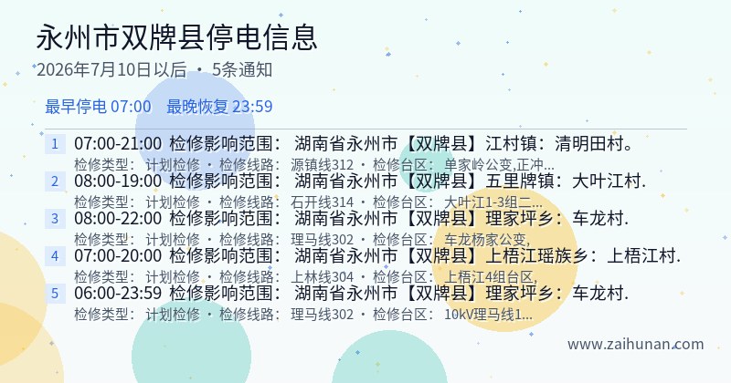 永州市双牌县停电通知