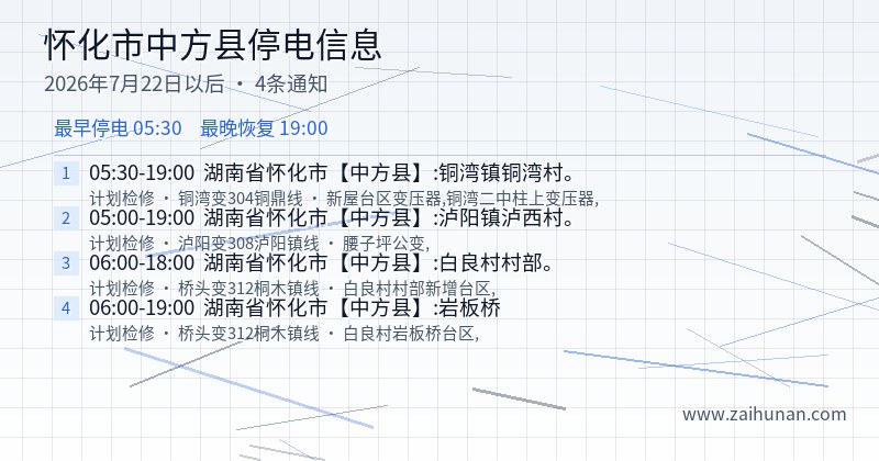 怀化市中方县停电通知